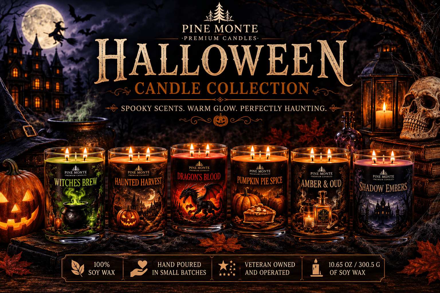 Luxury Halloween Soy Candle Collection featuring spooky scents and warm glow, from Pine Monte Premium Candles.