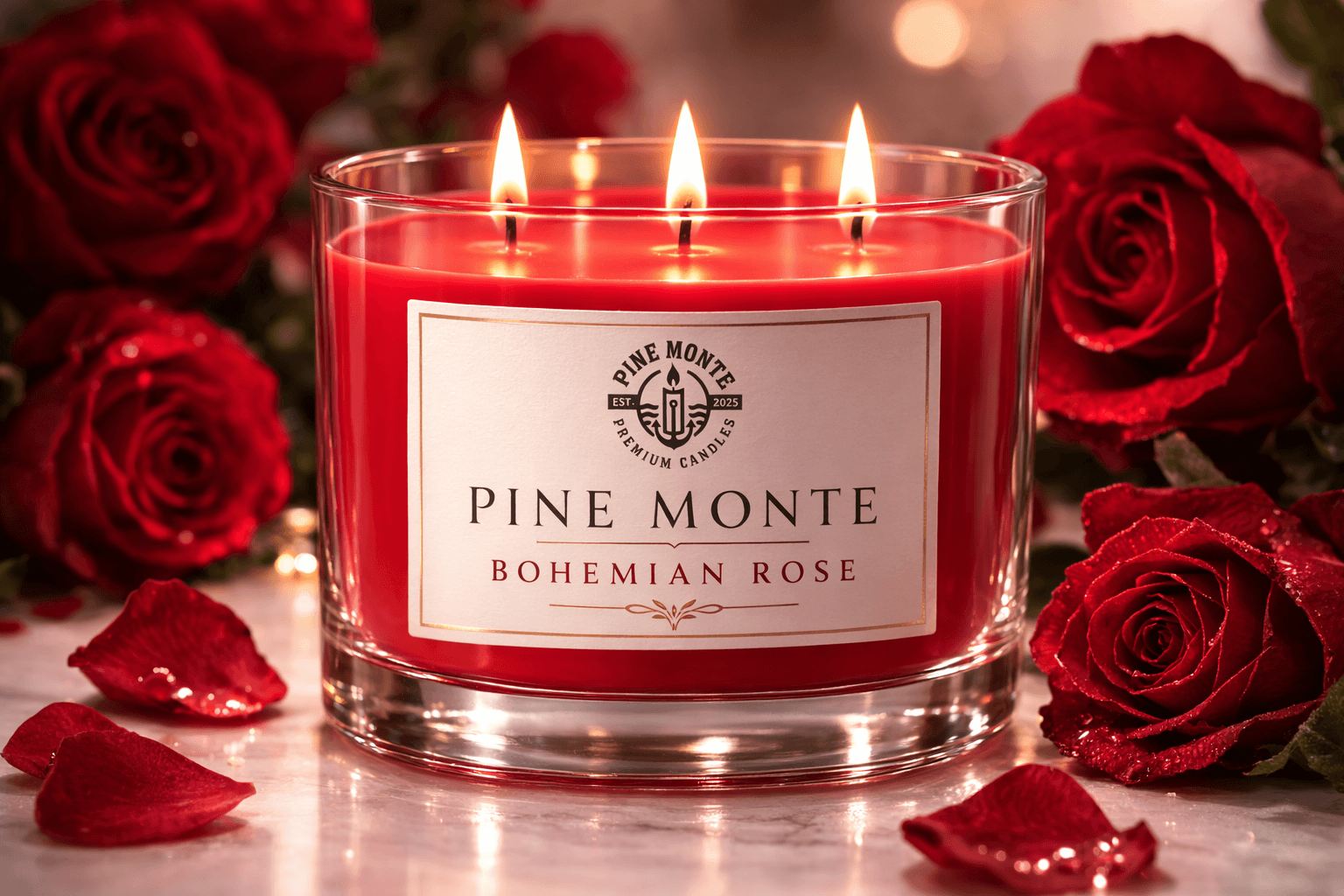 bohemian roses soy candle lit with warm glow - soft floral soy wax candle ambiance