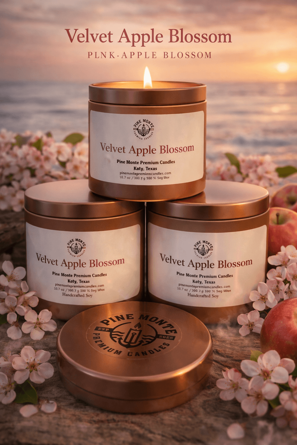 Velvet Apple Blossom Soy Candle displayed in elegant surroundings with floral elements and a calming beach backdrop.