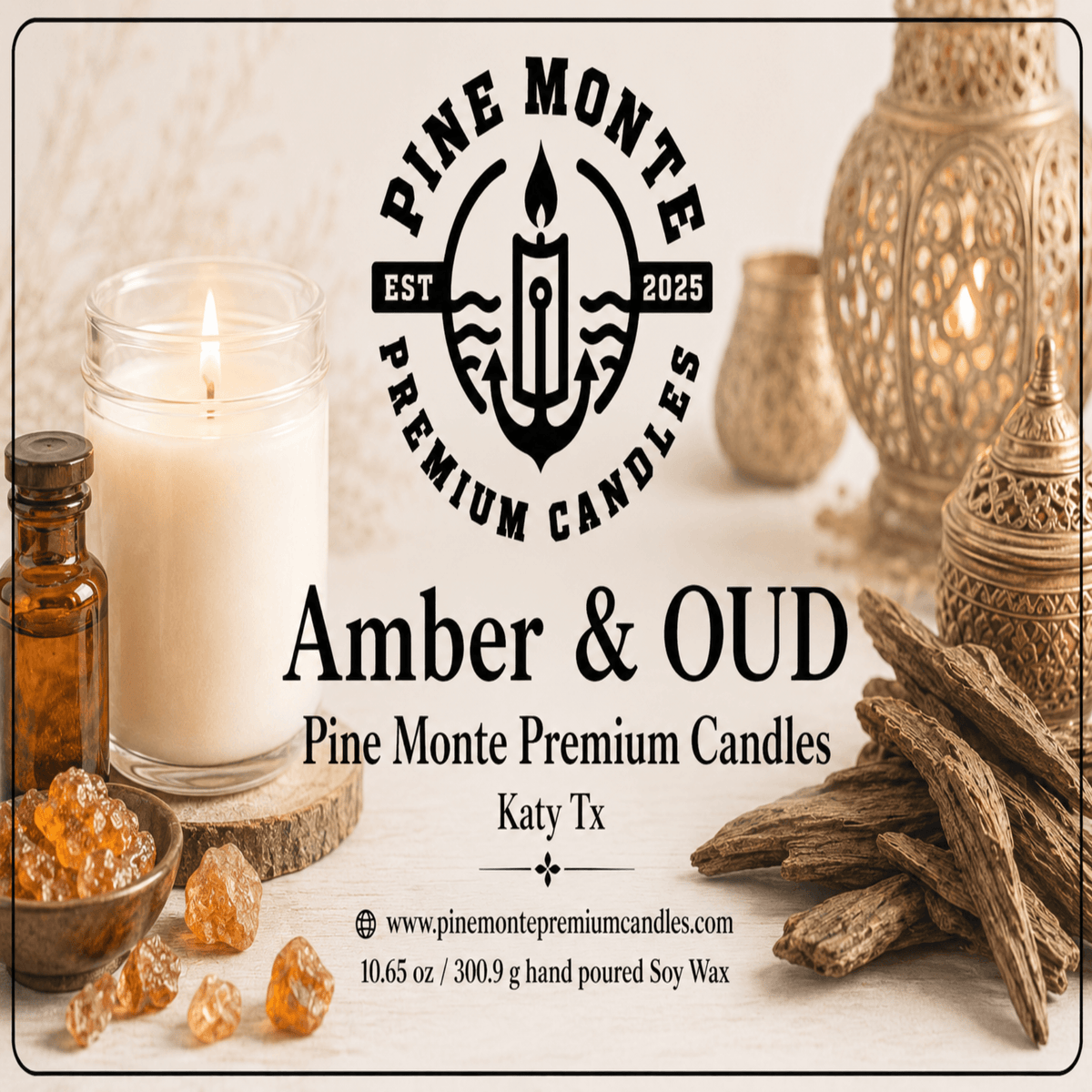 Amber & Oud Soy Candle by Pine Monte Premium Candles in a cozy setting with elegant decor.