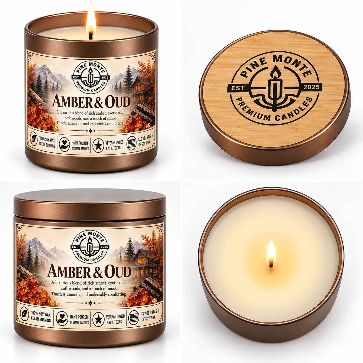 Amber & Oud Soy Candle from Pine Monte Premium Candles in a beautifully designed tin with a warm glow.