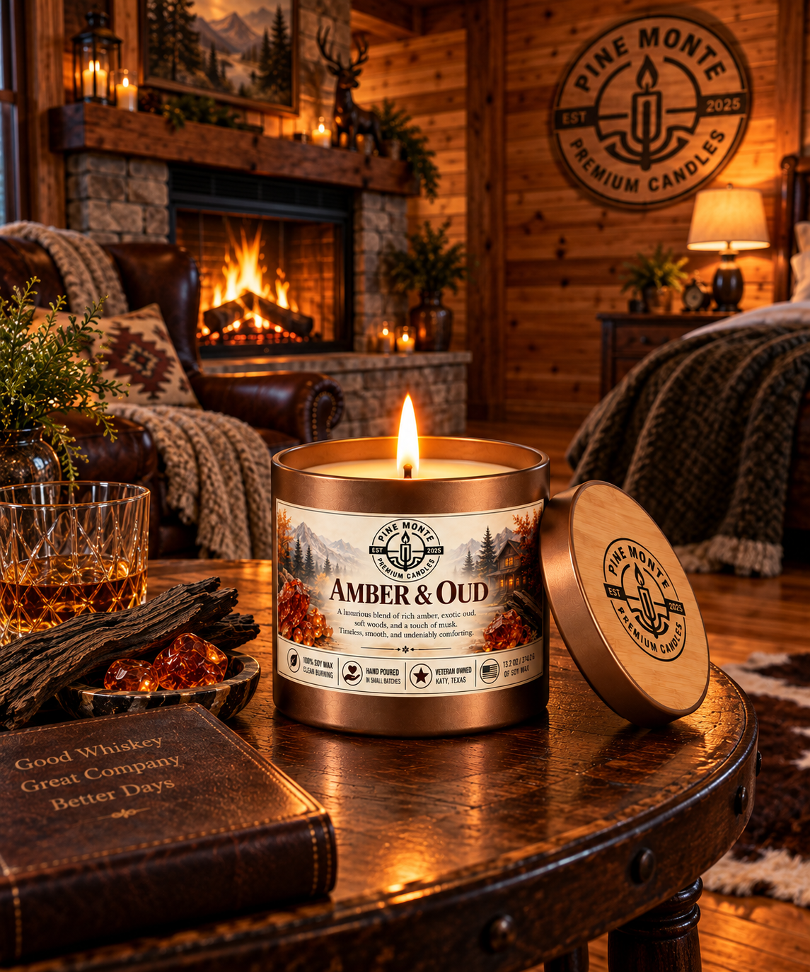 Amber & Oud Soy Candle burning in a cozy cabin setting, highlighting its luxurious woody amber scent.