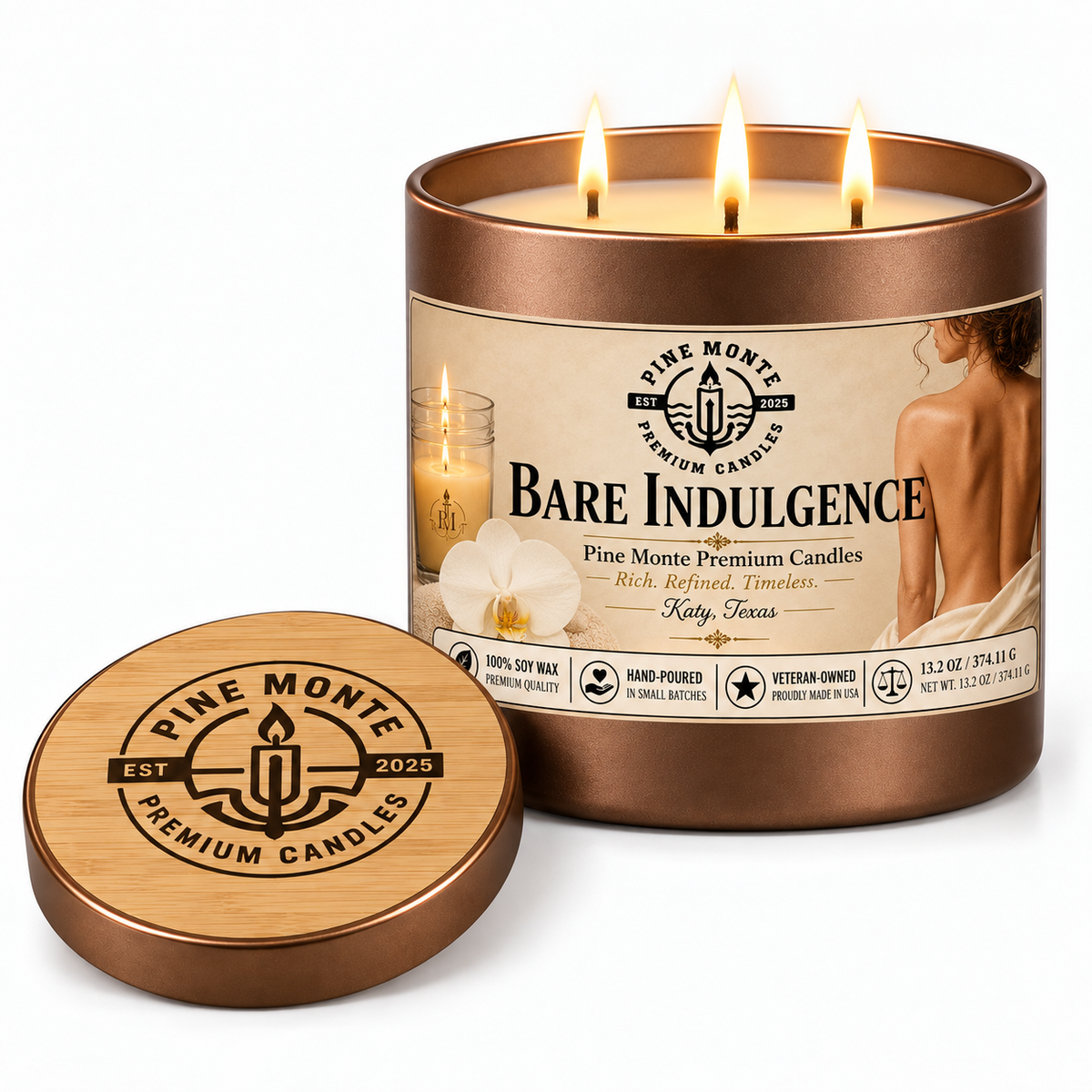 Tropical scented soy candle in bronze tin with three wicks and wooden lid, showcasing Pine Monte Premium Candles.
