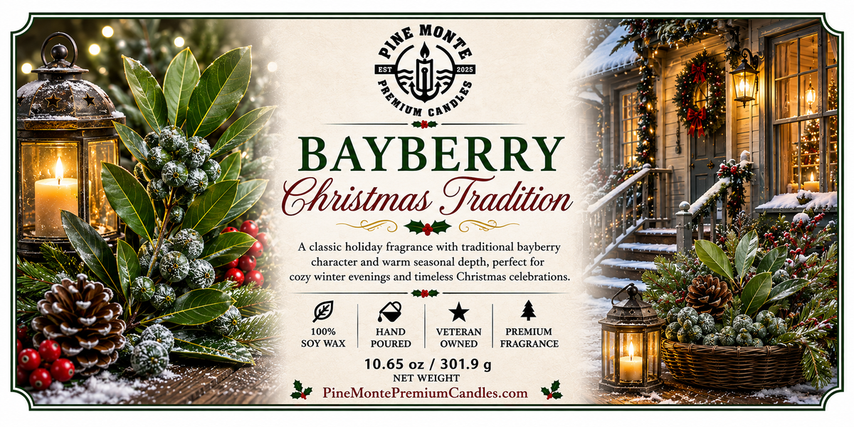 Bayberry Christmas candle by Pine Monte, showcasing festive decor and warm bayberry fragrance for holiday celebrations.