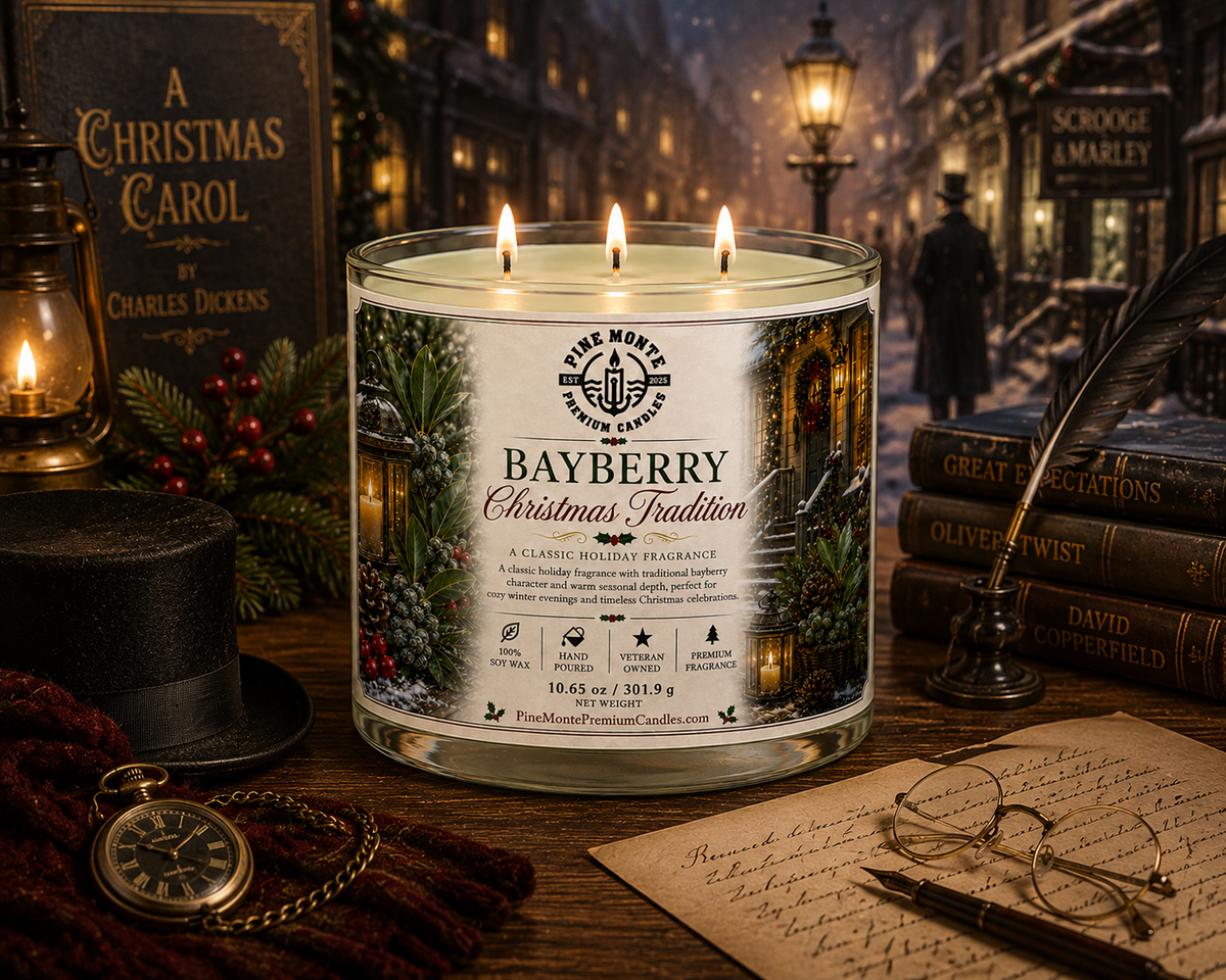 Bayberry Christmas candle displayed beside vintage books in a cozy holiday setting, exuding classic fragrance.