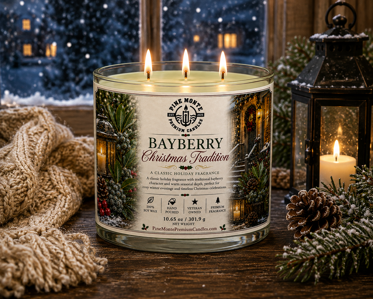 Bayberry Christmas candle from Pine Monte, featuring three wicks and bayberry fragrance, decorated for the holidays.