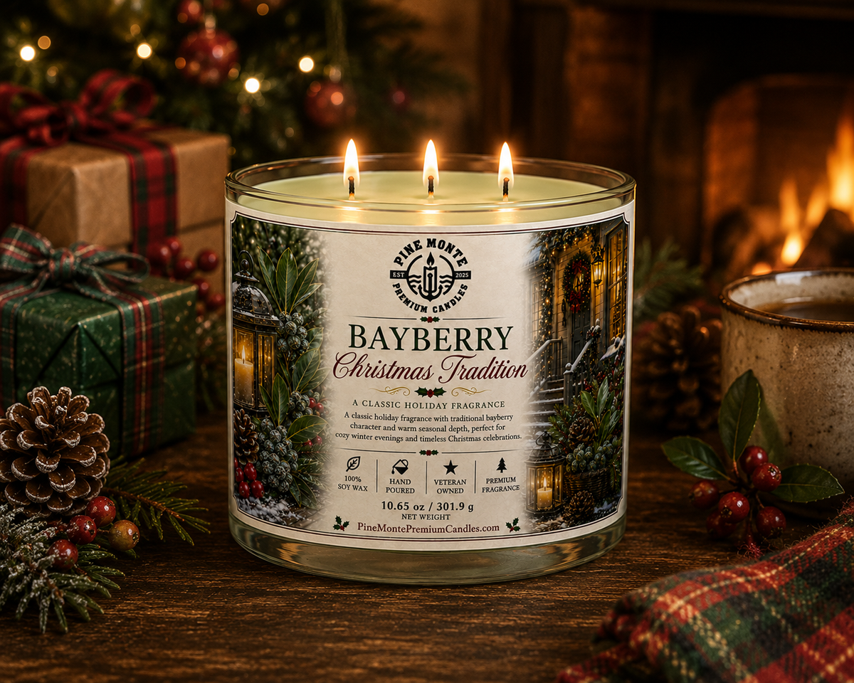Bayberry Christmas candle from Pine Monte, showcasing a classic holiday fragrance in a festive setting.