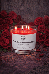 Bohemian roses soy candle surrounded by red roses, creating a romantic and elegant atmosphere with a floral scent.
