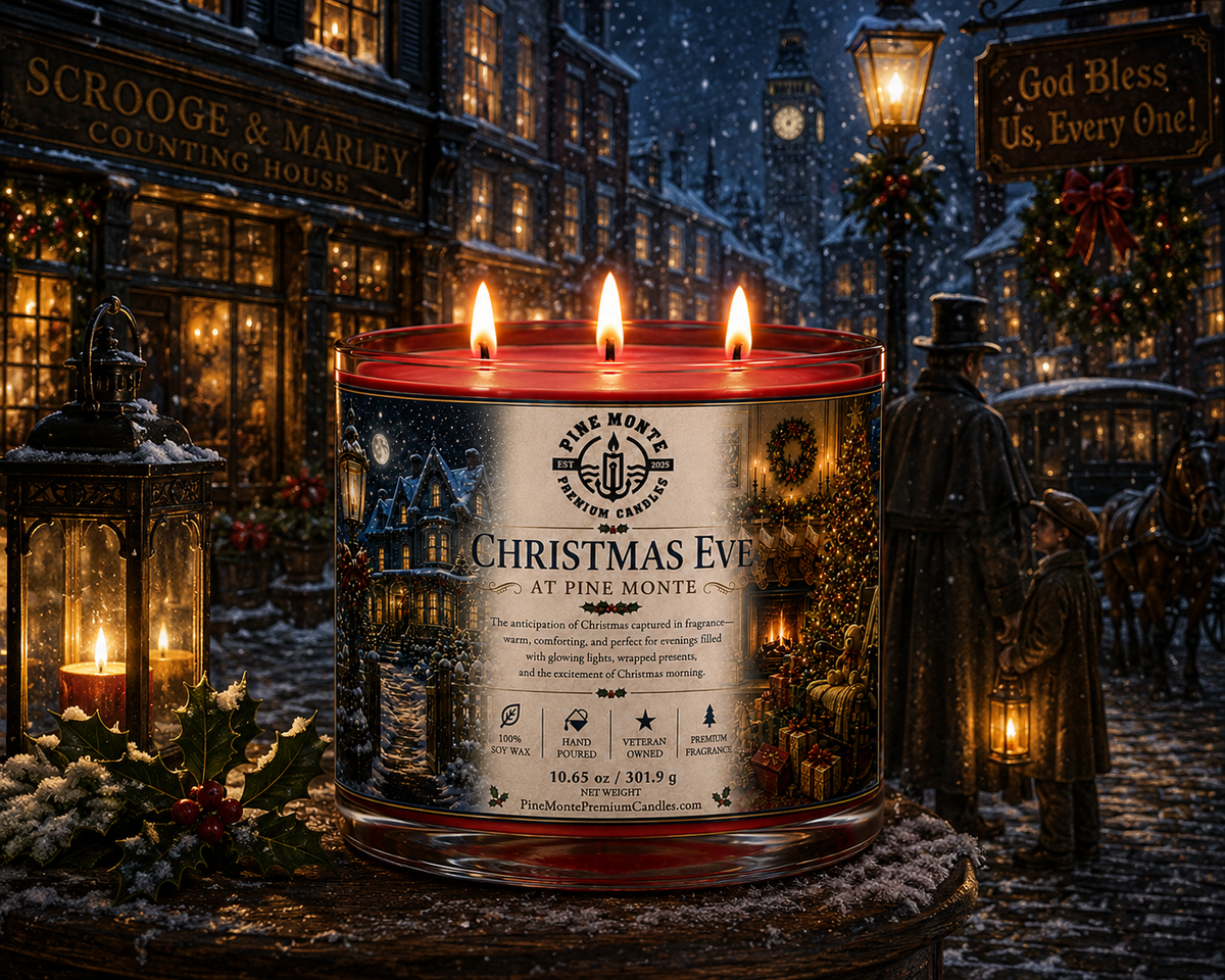 Premium soy Christmas candle 'Christmas Eve at Pine Monte' glowing in a festive winter scene with holiday decorations.