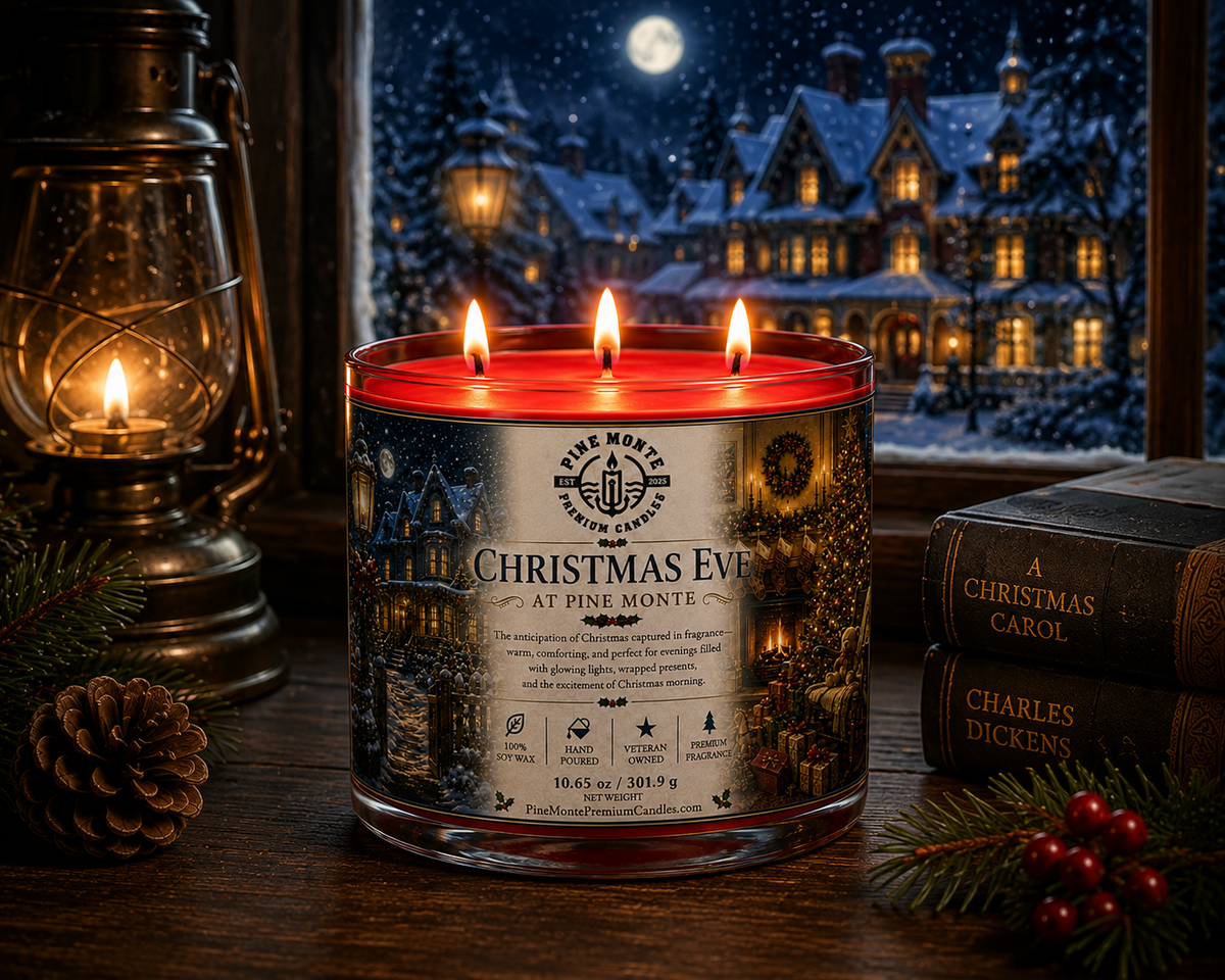 Premium soy Christmas candle titled Christmas Eve at Pine Monte, lit with a cozy holiday setting.