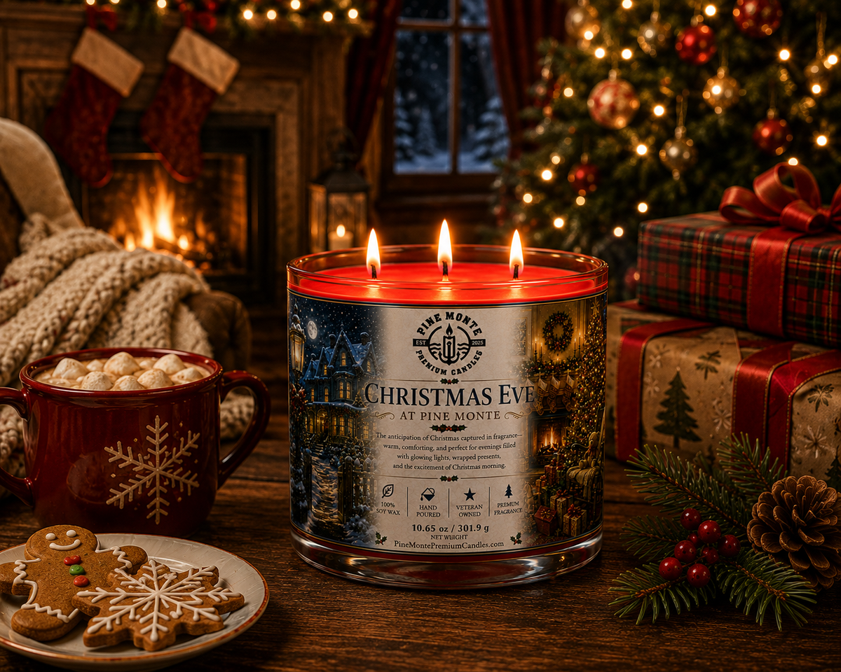 Premium soy Christmas candle 'Christmas Eve at Pine Monte' surrounded by cozy holiday decor, cookies, and a warm drink.