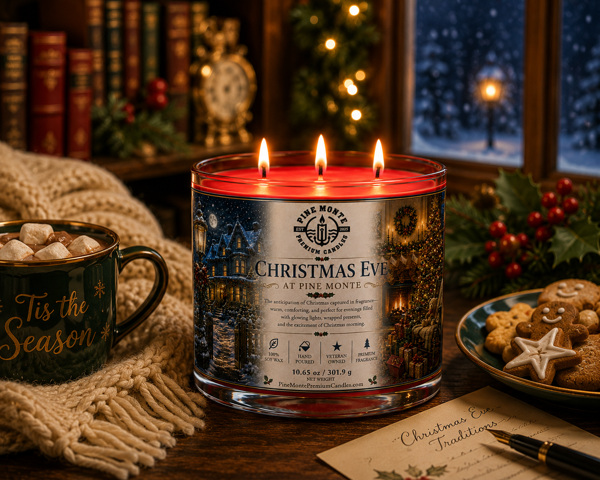 Premium soy Christmas candle Christmas Eve at Pine Monte displayed with cookies and a warm drink in a cozy setting.