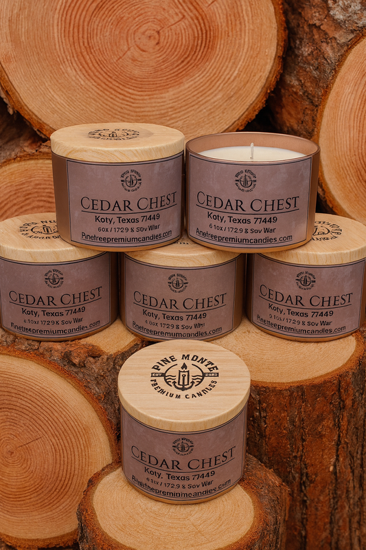 Cedar Chest 6.1 oz candle tin with warm woody resinous fragrance by Pine Monte Premium Candles