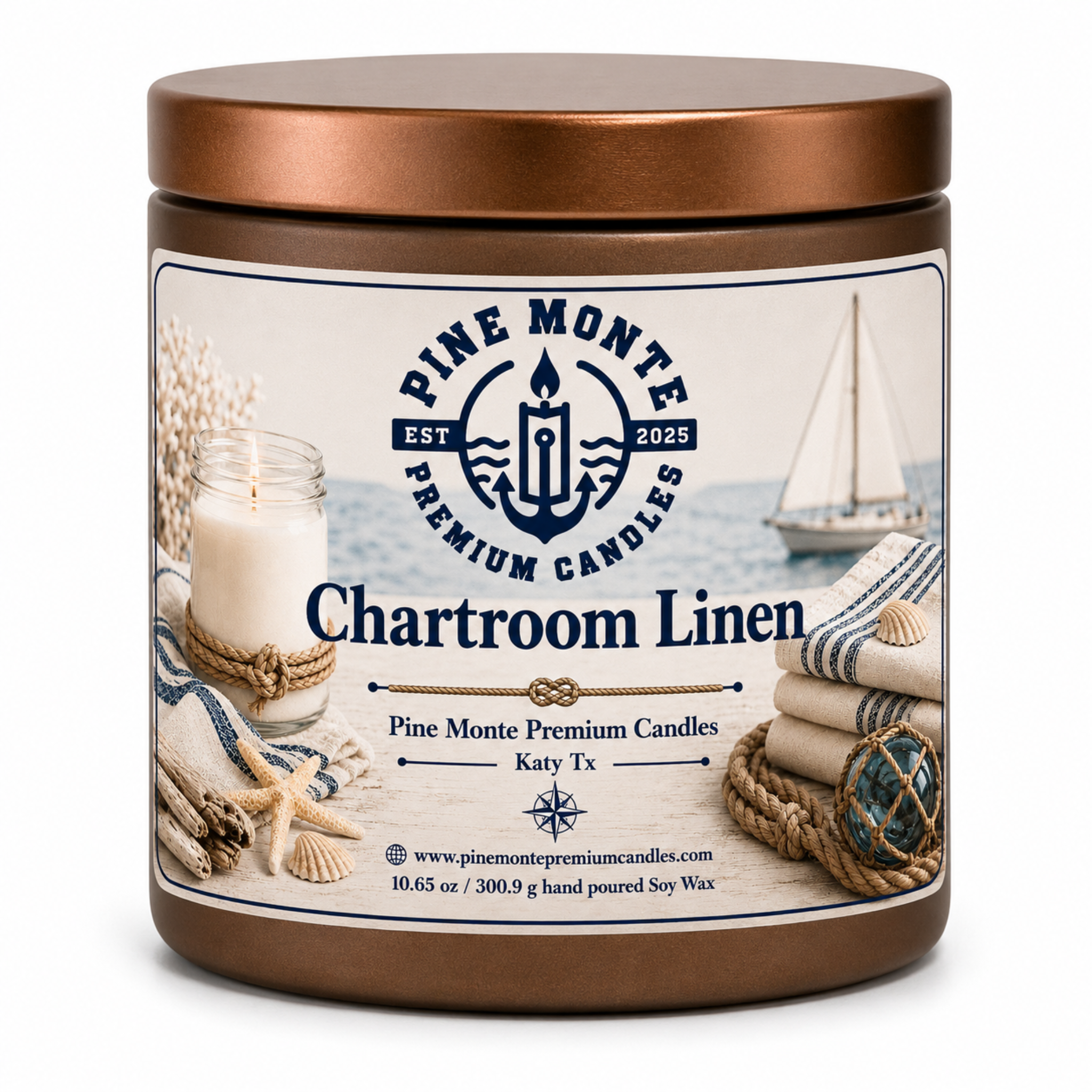 Chartroom Linen Soy Candle by Pine Monte, showcasing a cozy design with a refreshing linen scent.