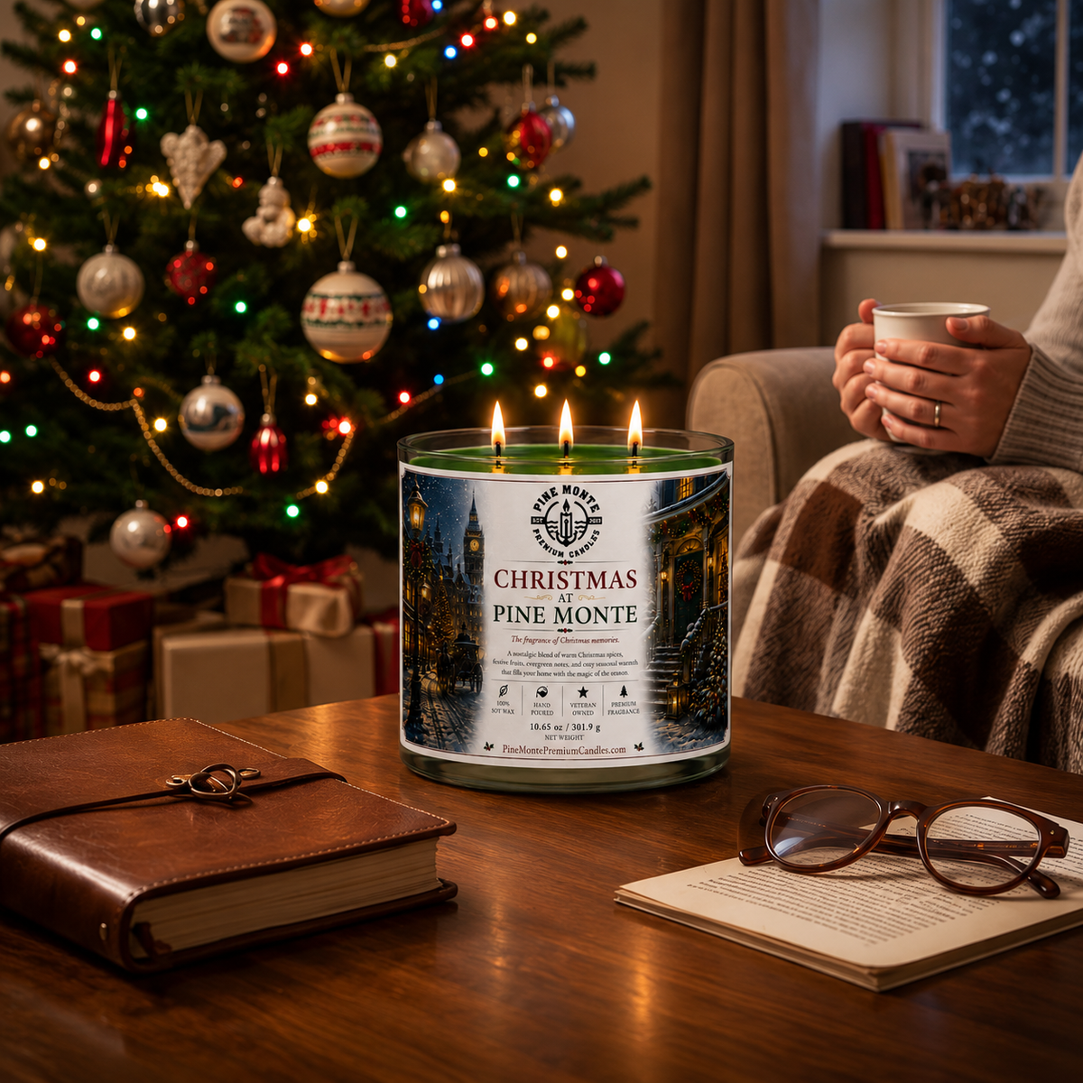 Cozy setting with a Christmas soy candle, Christmas at Pine Monte, near a decorated tree and holiday gifts.
