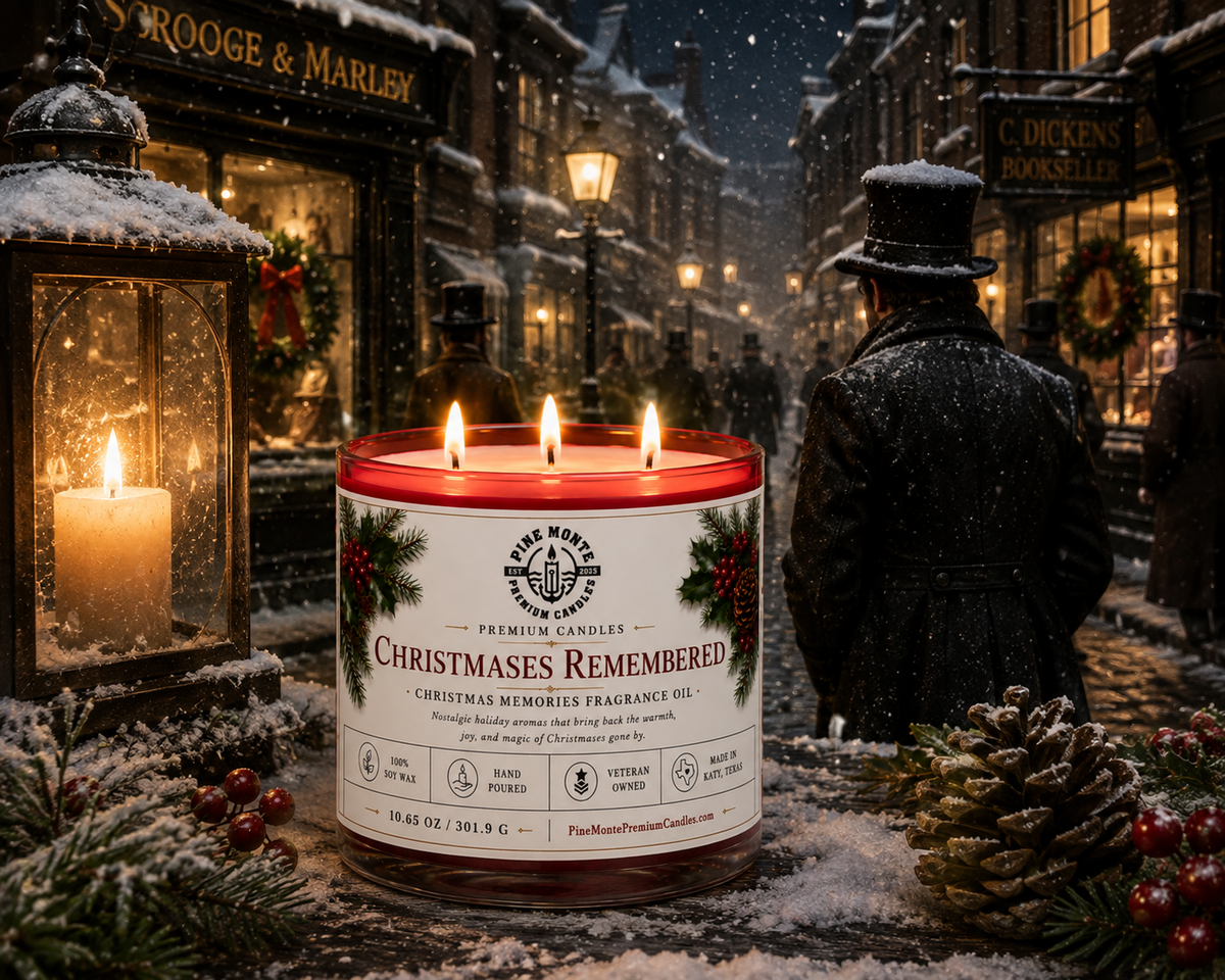Christmas soy candle Christmases Remembered by Pine Monte, lit and showcased in a snowy holiday setting.