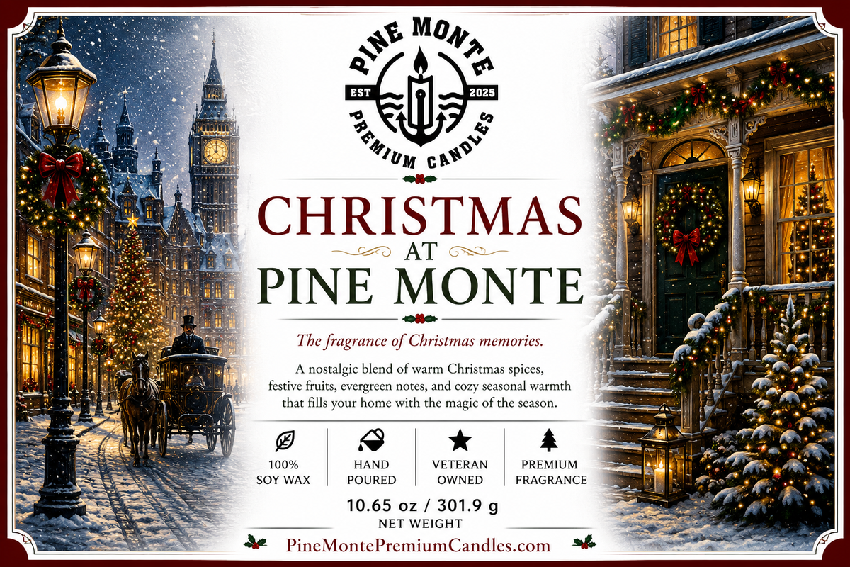 Christmas soy candle label featuring festive winter scene and nostalgic holiday fragrance.