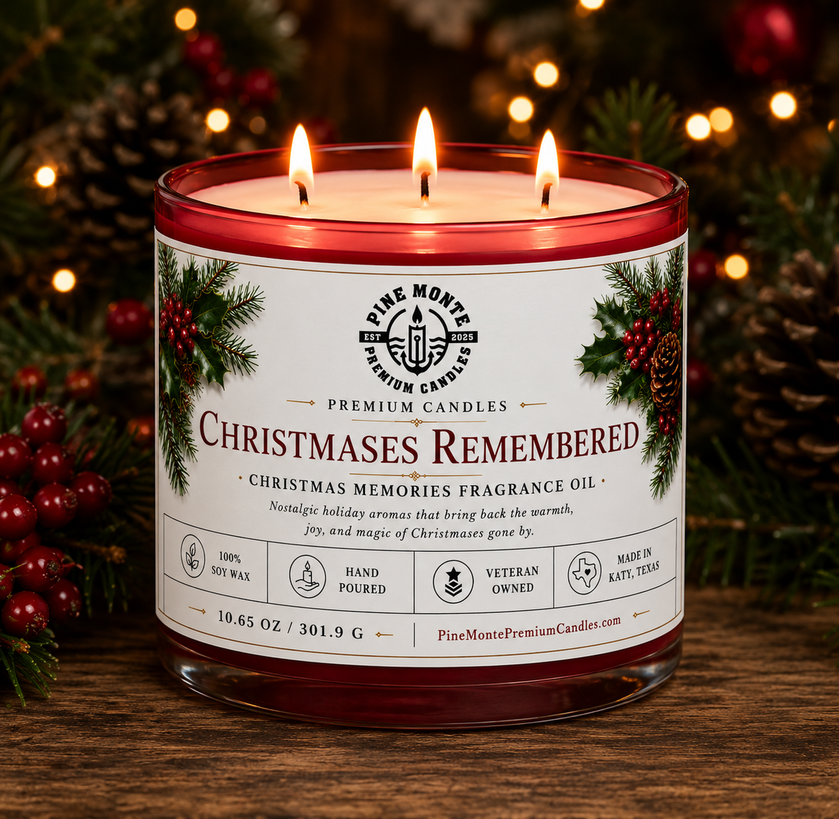 Christmas soy candle Christmases Remembered by Pine Monte, featuring nostalgic holiday aromas and a festive design.