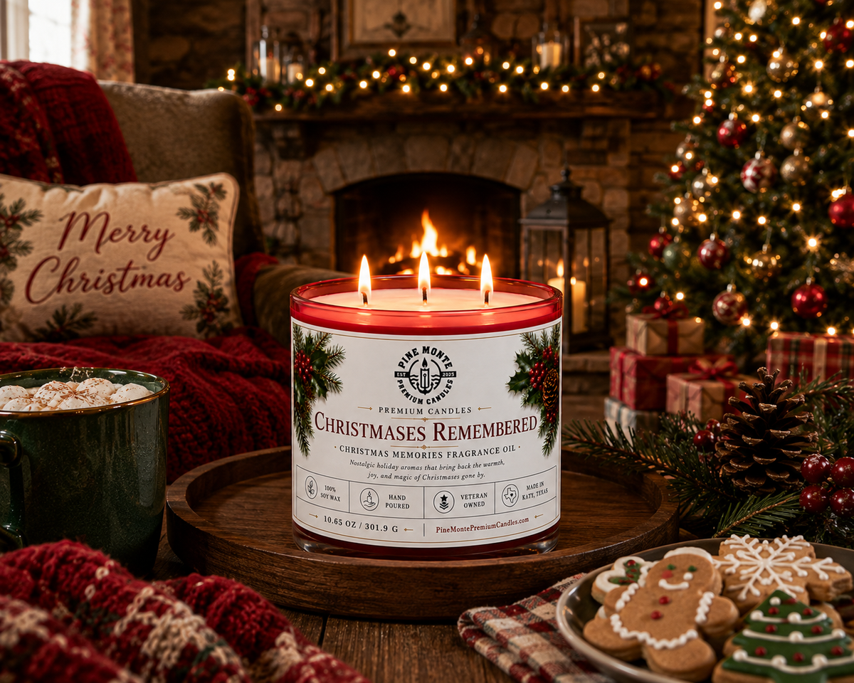Christmas soy candle Christmases Remembered by Pine Monte on a cozy holiday table with festive decorations.