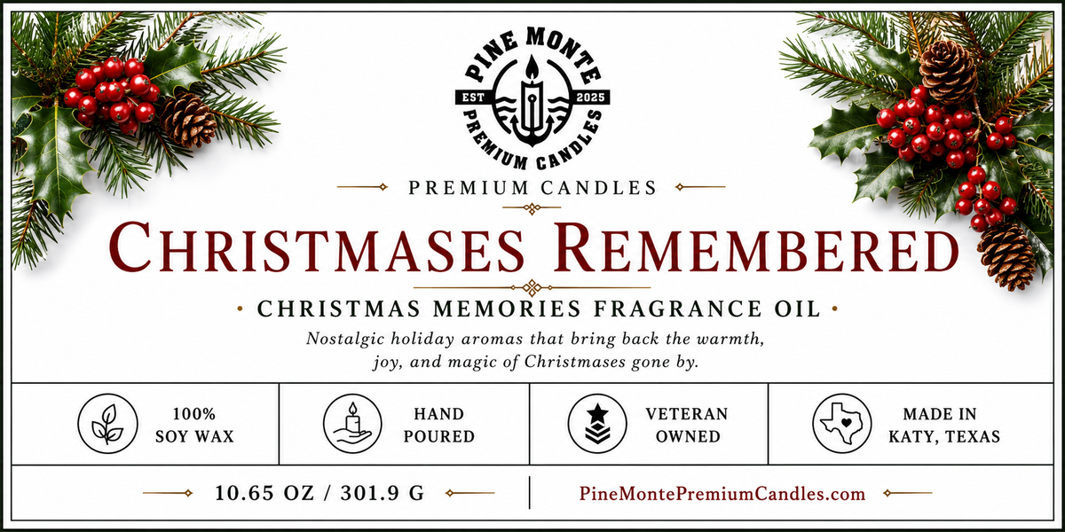 Christmas soy candle Christmases Remembered by Pine Monte with nostalgic fragrance oil and holiday decorations.
