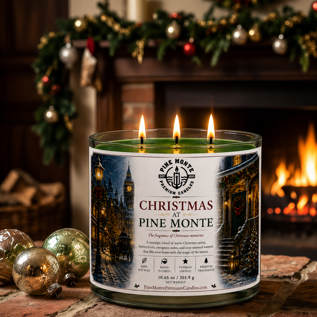 Christmas soy candle titled Christmas at Pine Monte with three wicks, set in a cozy holiday scene.