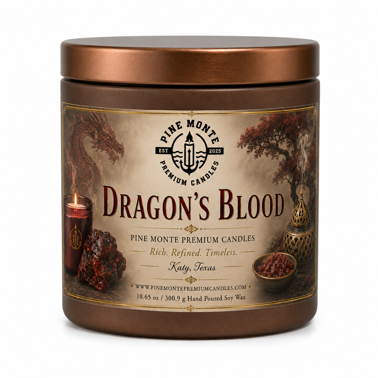 Luxury Dragon's Blood Soy Candle in a stylish container with rich, earthy design and branding, perfect for elegant home decor.