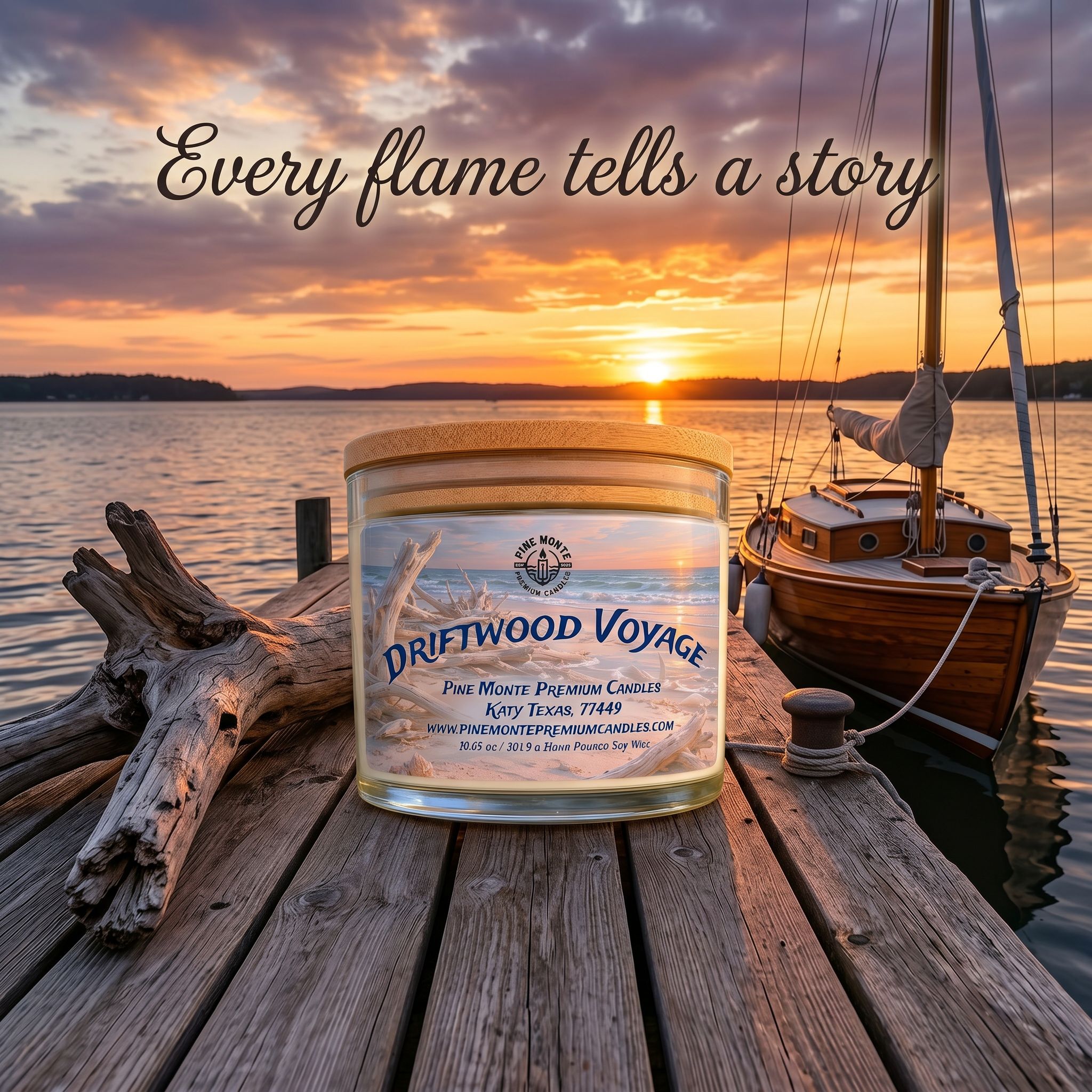 Luxury Driftwood Soy Candle on a dock with sunset and boat, featuring Driftwood Voyage scent.