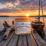 Luxury Driftwood Soy Candle on a dock with sunset and boat, featuring Driftwood Voyage scent.