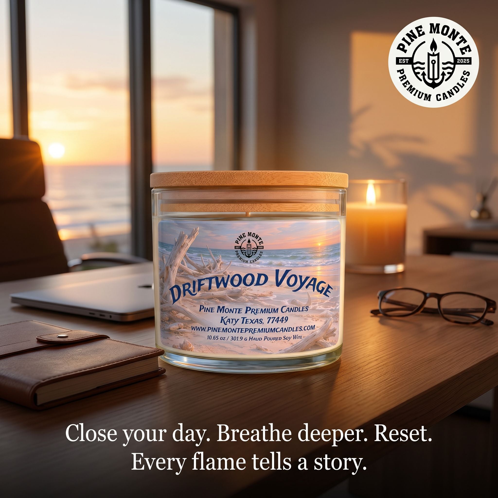 luxury driftwood soy candle Driftwood Voyage by Pine Monte in a cozy setting with sunset view.