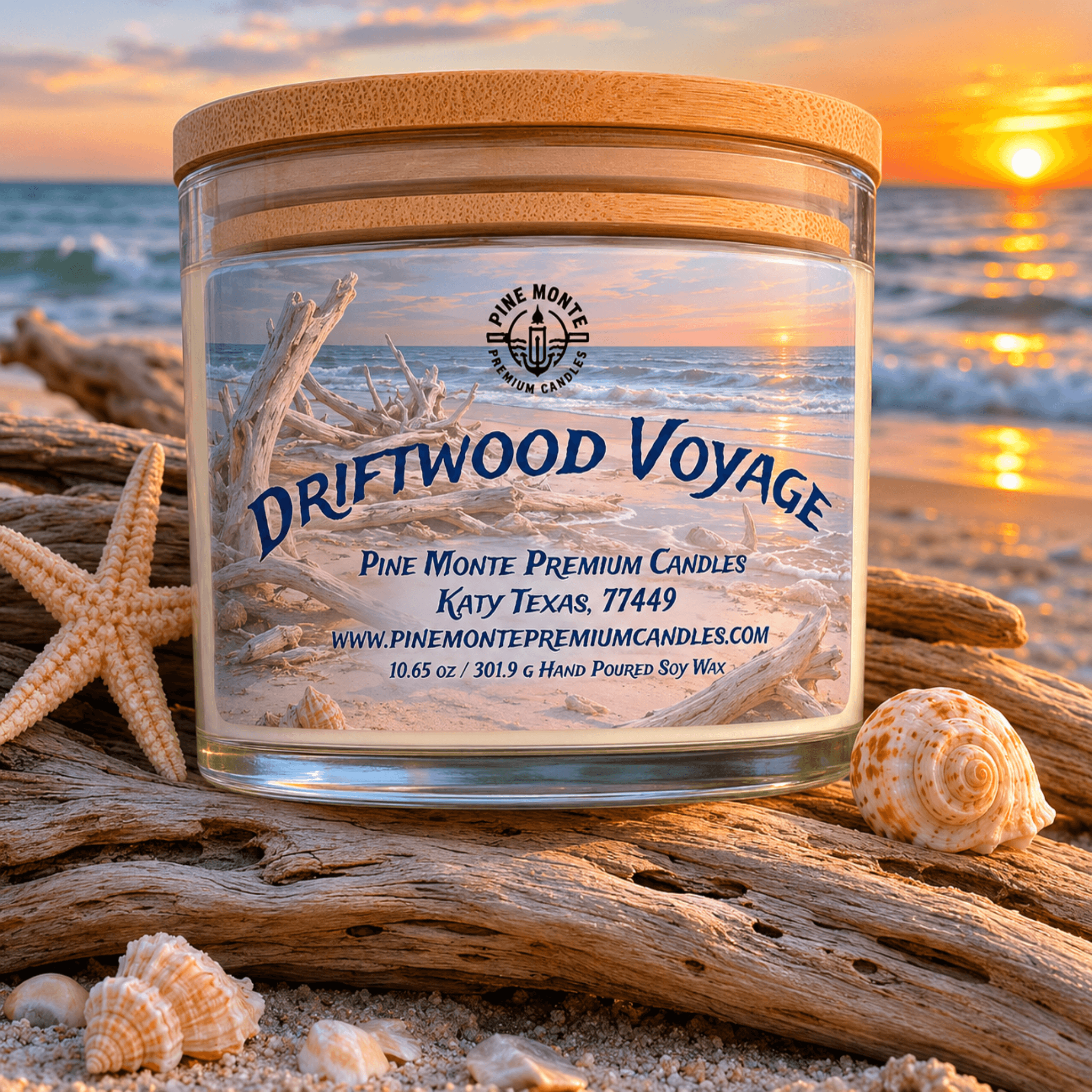 luxury driftwood soy candle by Pine Monte Premium Candles, showcasing Driftwood Voyage on a beach with seashells.