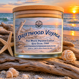 luxury driftwood soy candle by Pine Monte Premium Candles, showcasing Driftwood Voyage on a beach with seashells.