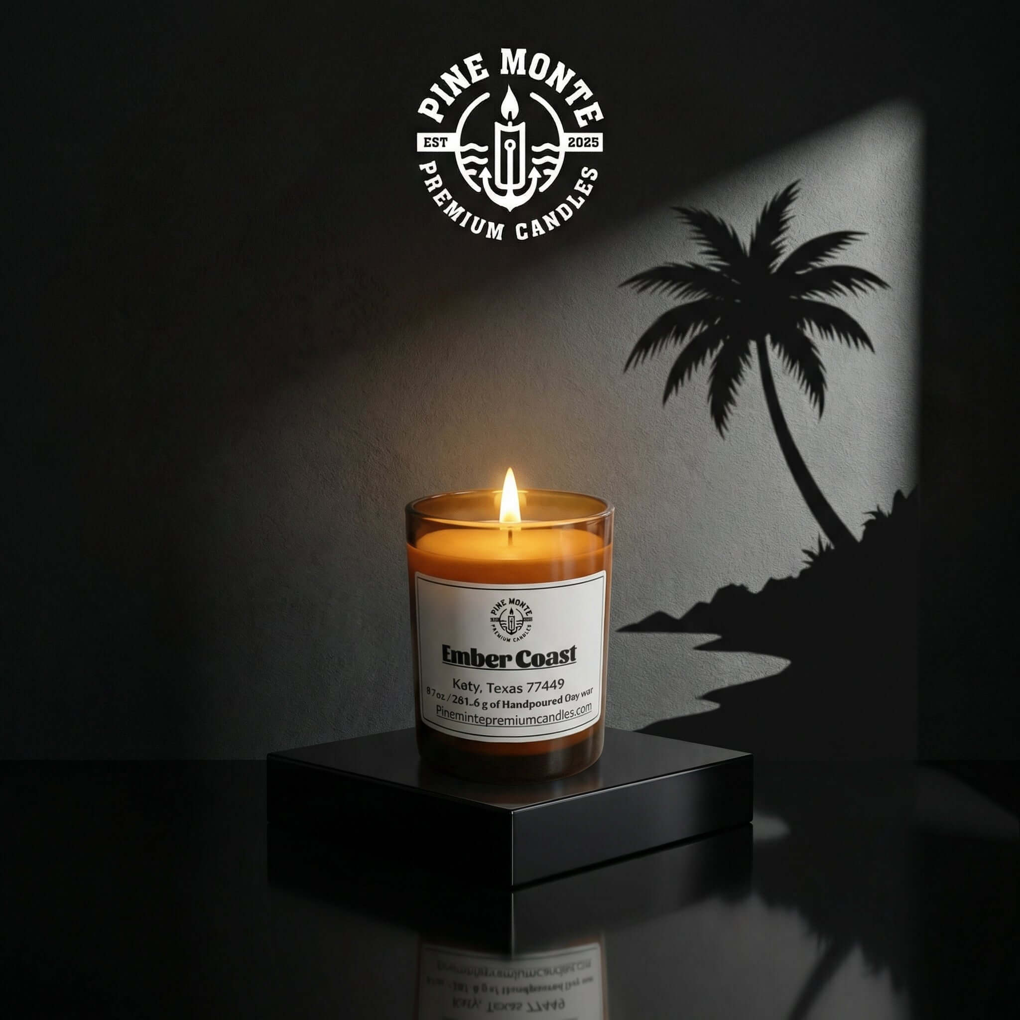 Ember Coast Soy Candle  lit with glowing flame - warm tropical citrus coastal ambiance