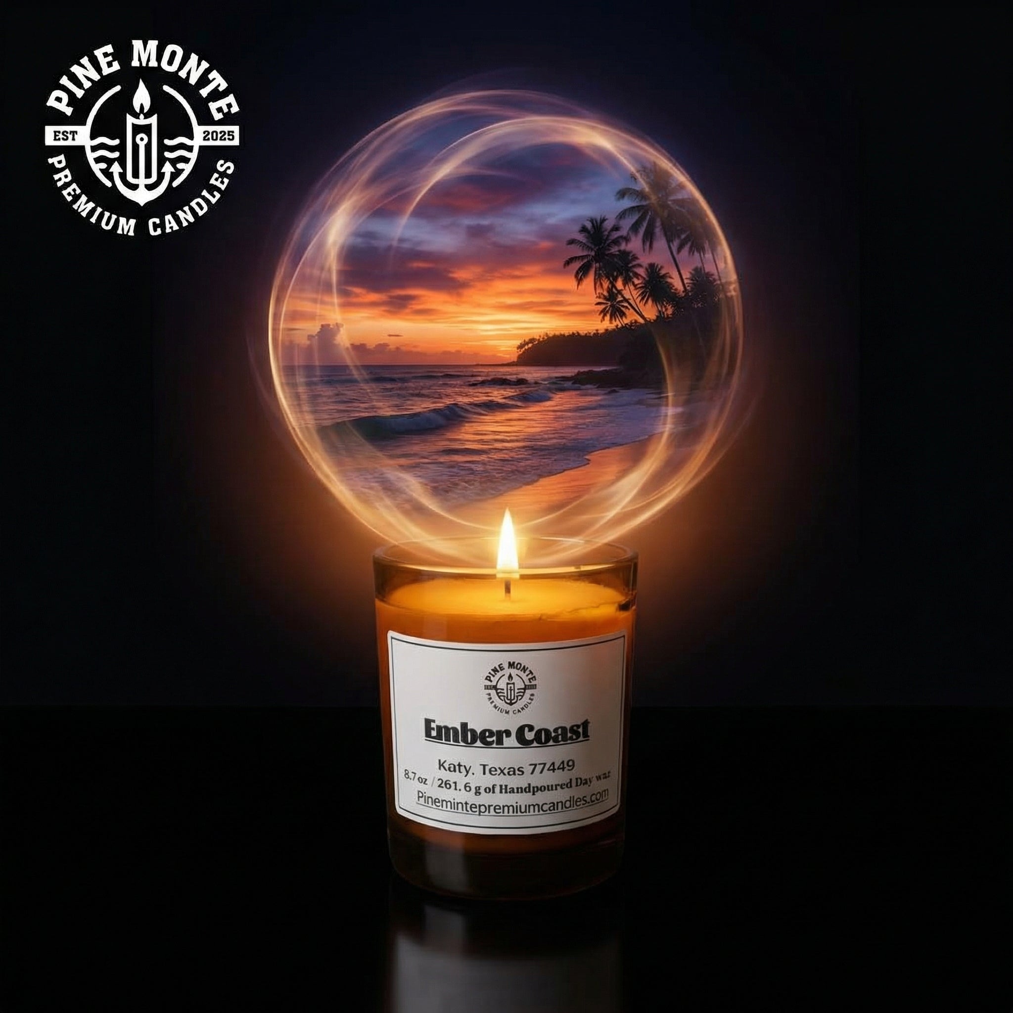 Ember Coast – 8.7 oz Glass Jar Candle | Warm Amber, Driftwood & Sea Salt