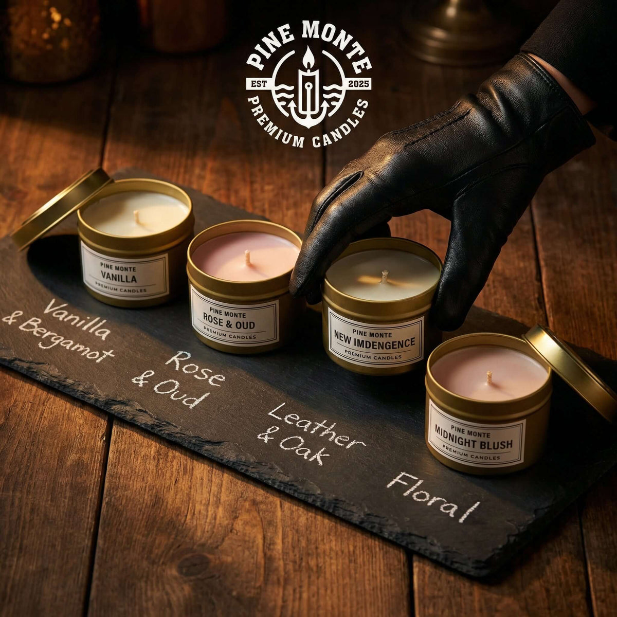 custom letter F candle sample pack showcasing variety of hand-poured fragrance options