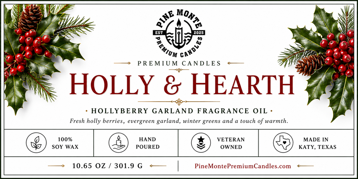 Christmas soy candle by Pine Monte, featuring holly and hearth design, hollyberry garland fragrance, perfect for festive decor.