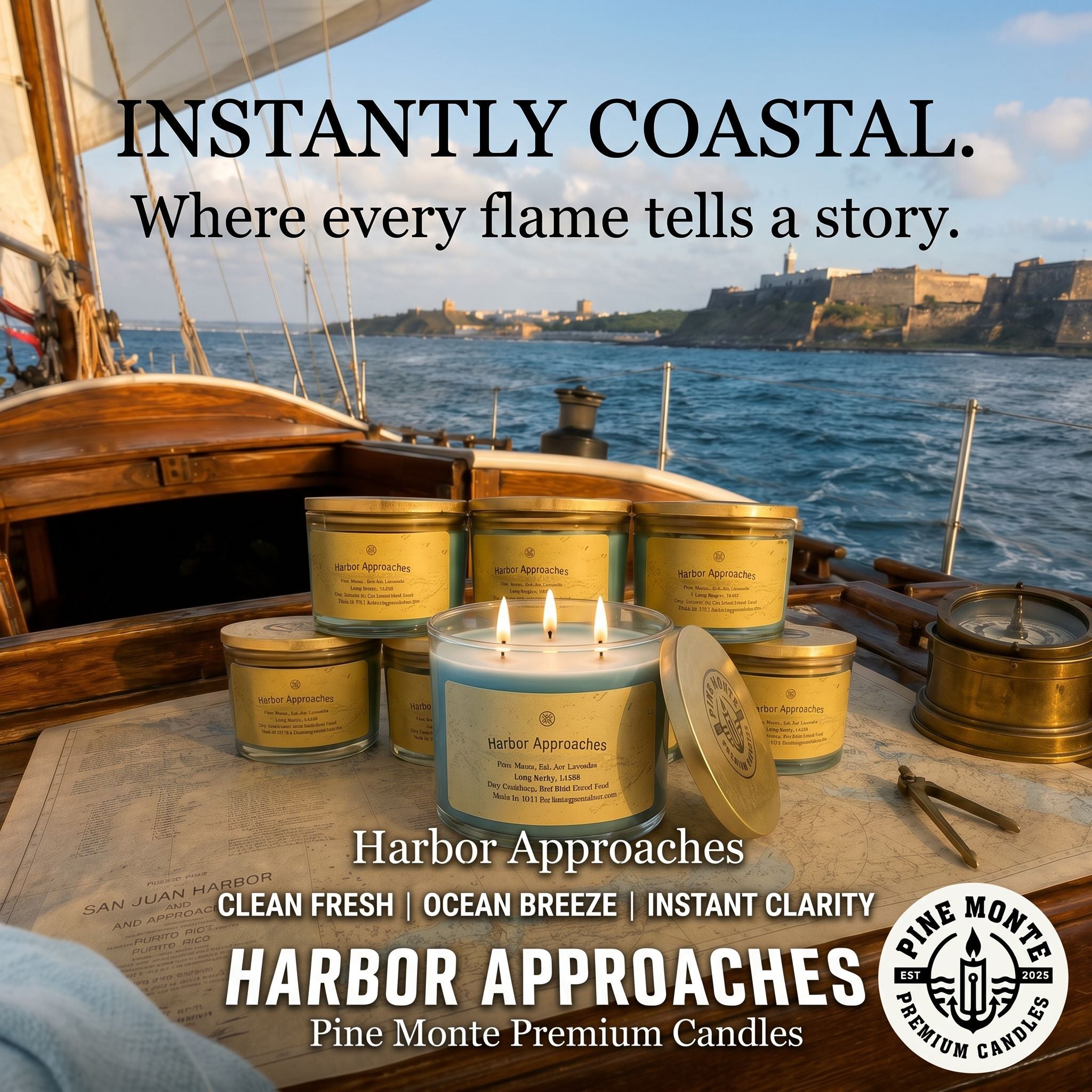 Harbor Approaches 12 oz three wick candle on a sailboat with coastal scenery, capturing clean sea air essence.