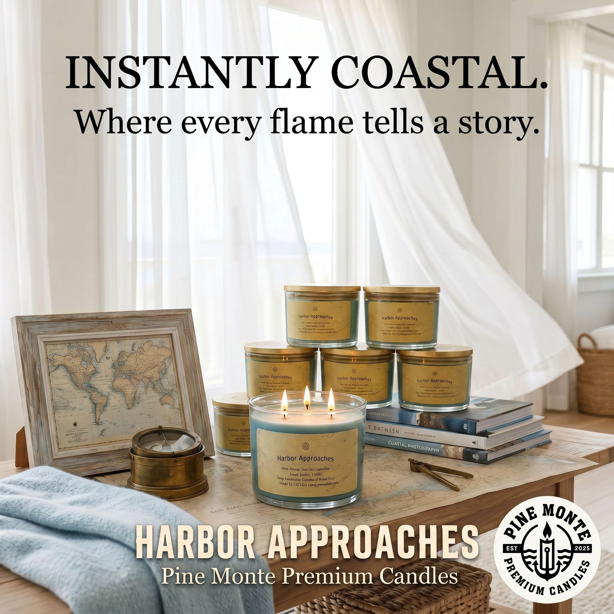 Harbor Approaches three wick candles displayed in a coastal-themed setting with light curtains and decor.