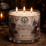 Haunted Harvest Soy Candle with three wicks, featuring dark red berries and Halloween-themed design.