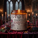Haunted Harvest Soy Candle displayed on an elegant table with candles and autumn decor, creating a spooky atmosphere.