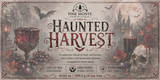 Haunted Harvest Soy Candle label featuring dark red berries, juicy plum, and jasmine scents, perfect for Halloween decor.
