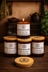 herbal kitchen glow soy candle with rosemary basil and warm spices by Pine Monte Premium Candles