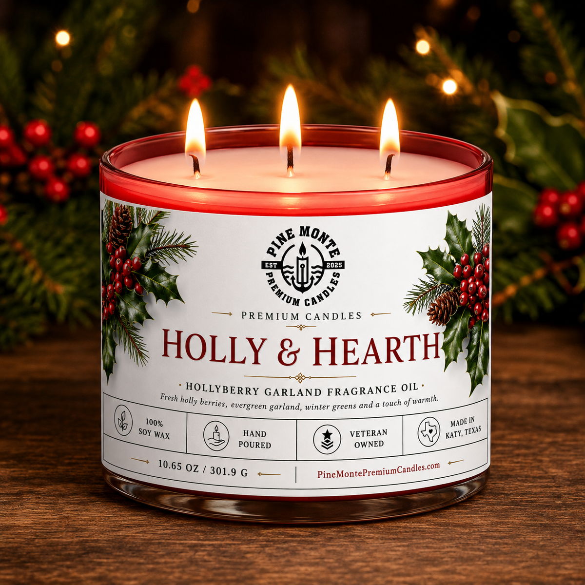 Christmas soy candle Holly & Hearth by Pine Monte, featuring hollyberry fragrance and festive greenery.