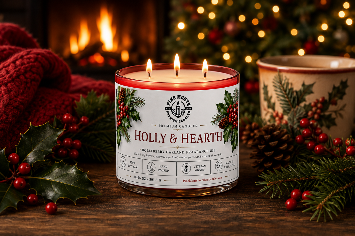 Christmas soy candle in festive setting, featuring Holly & Hearth scent with hollyberry and greenery notes.