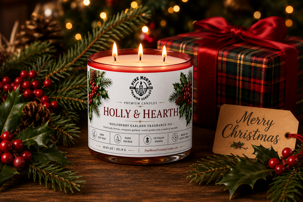 Christmas soy candle Holly & Hearth by Pine Monte with festive decorations and a Merry Christmas tag.
