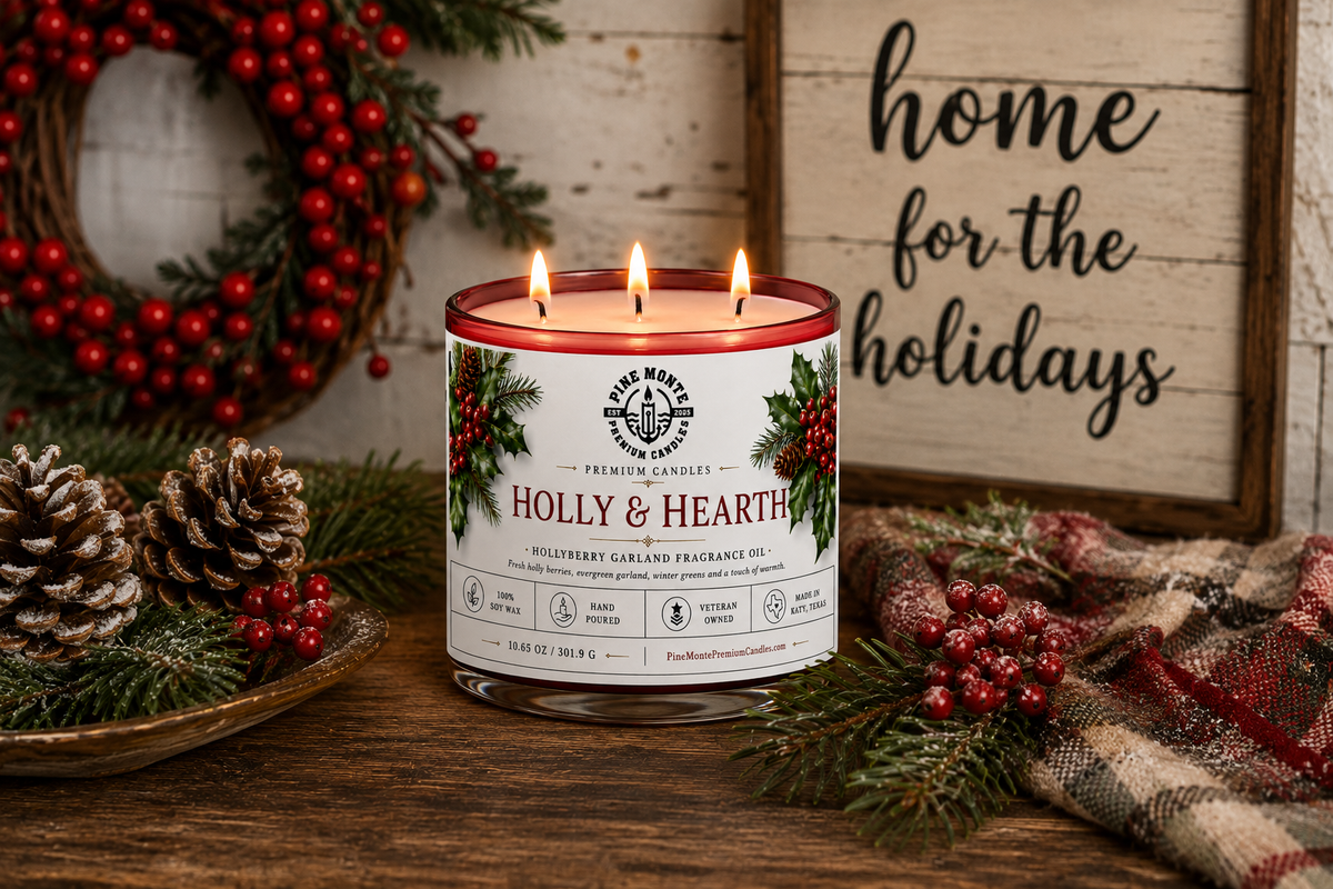 Christmas soy candle with a festive design, Holly & Hearth by Pine Monte, surrounded by holiday decorations.