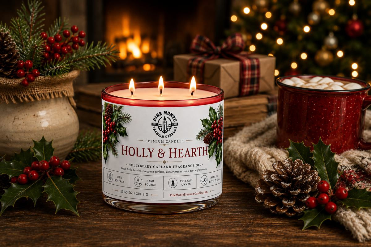 Christmas soy candle Holly & Hearth by Pine Monte, featuring hollyberry and holiday greenery fragrance.