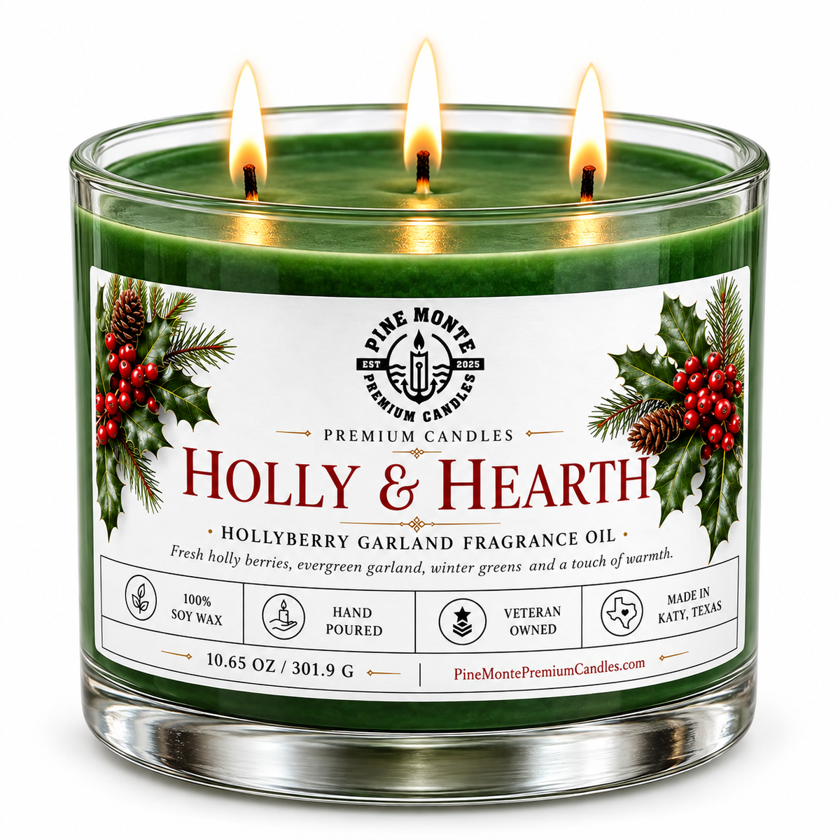 Christmas soy candle from Pine Monte, featuring a Holly & Hearth design and a festive hollyberry fragrance.