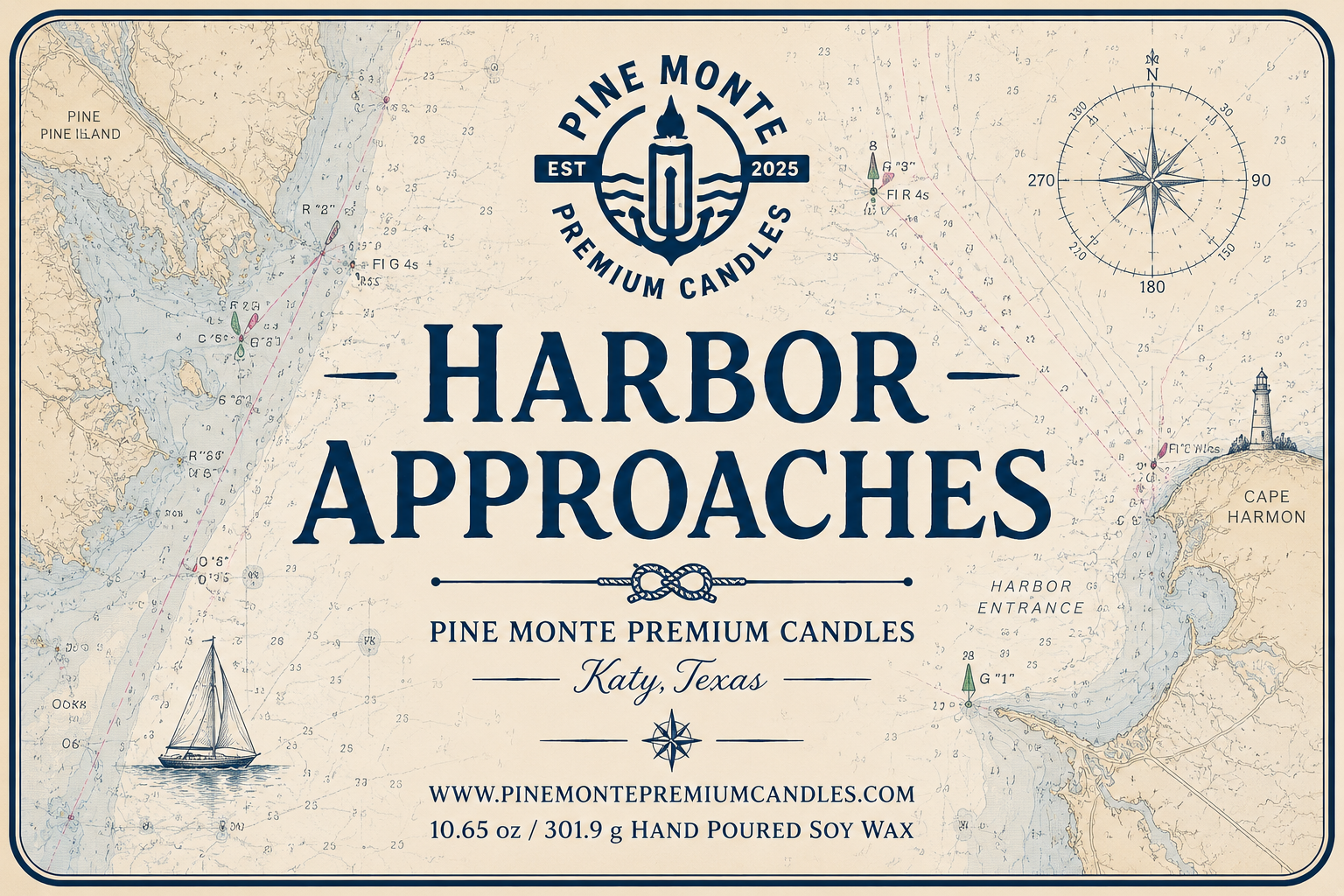 Harbor Approaches candle label featuring nautical map design from Pine Monte Premium Candles, Katy, Texas.