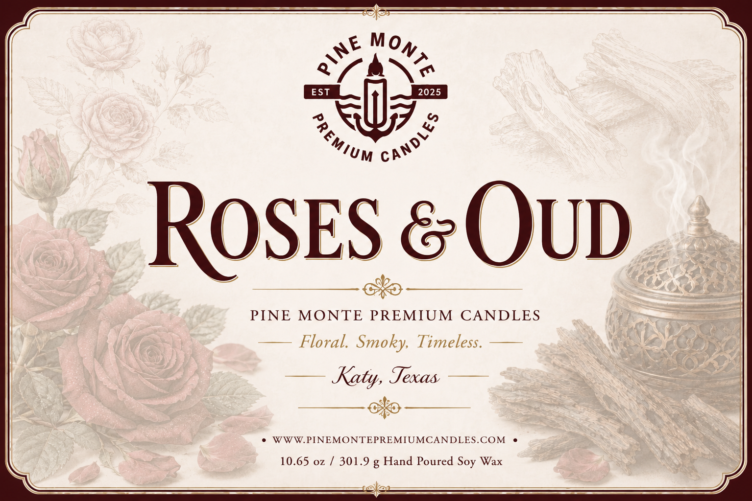 Roses & Oud Soy Candle Elegant Romantic Floral Luxury Scented Candle