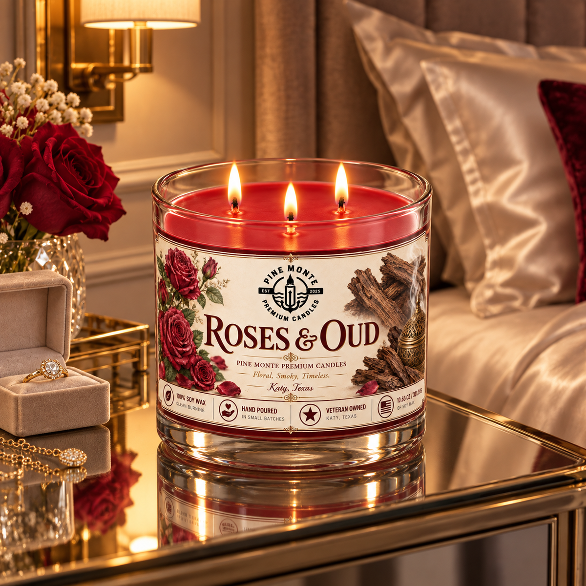 Roses & Oud Soy Candle Elegant Romantic Floral Luxury Scented Candle